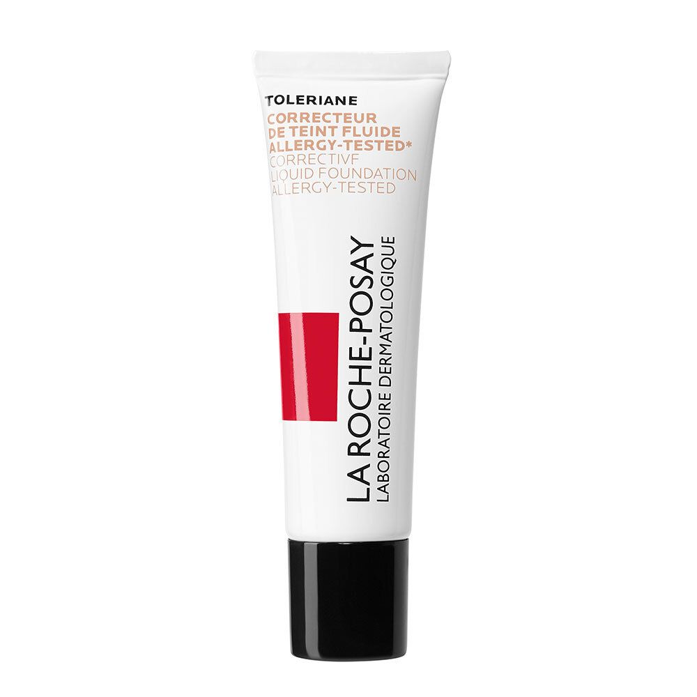 Toleriane Correcteur de teint fluide, tube. Blanc, bande rouge, bouchon noir. La Roche-Posay.