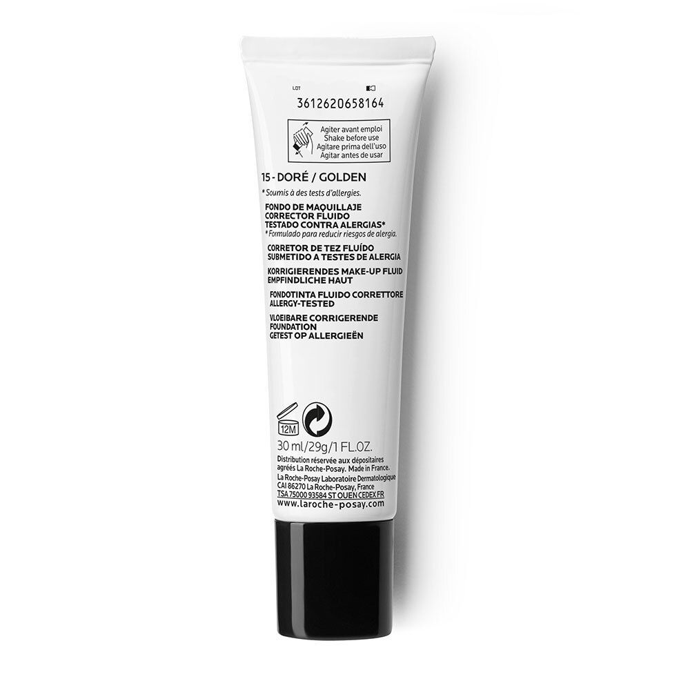 Dos du tube Toleriane Correcteur de teint fluide. Texte, 15-Doré/Golden. La Roche-Posay.