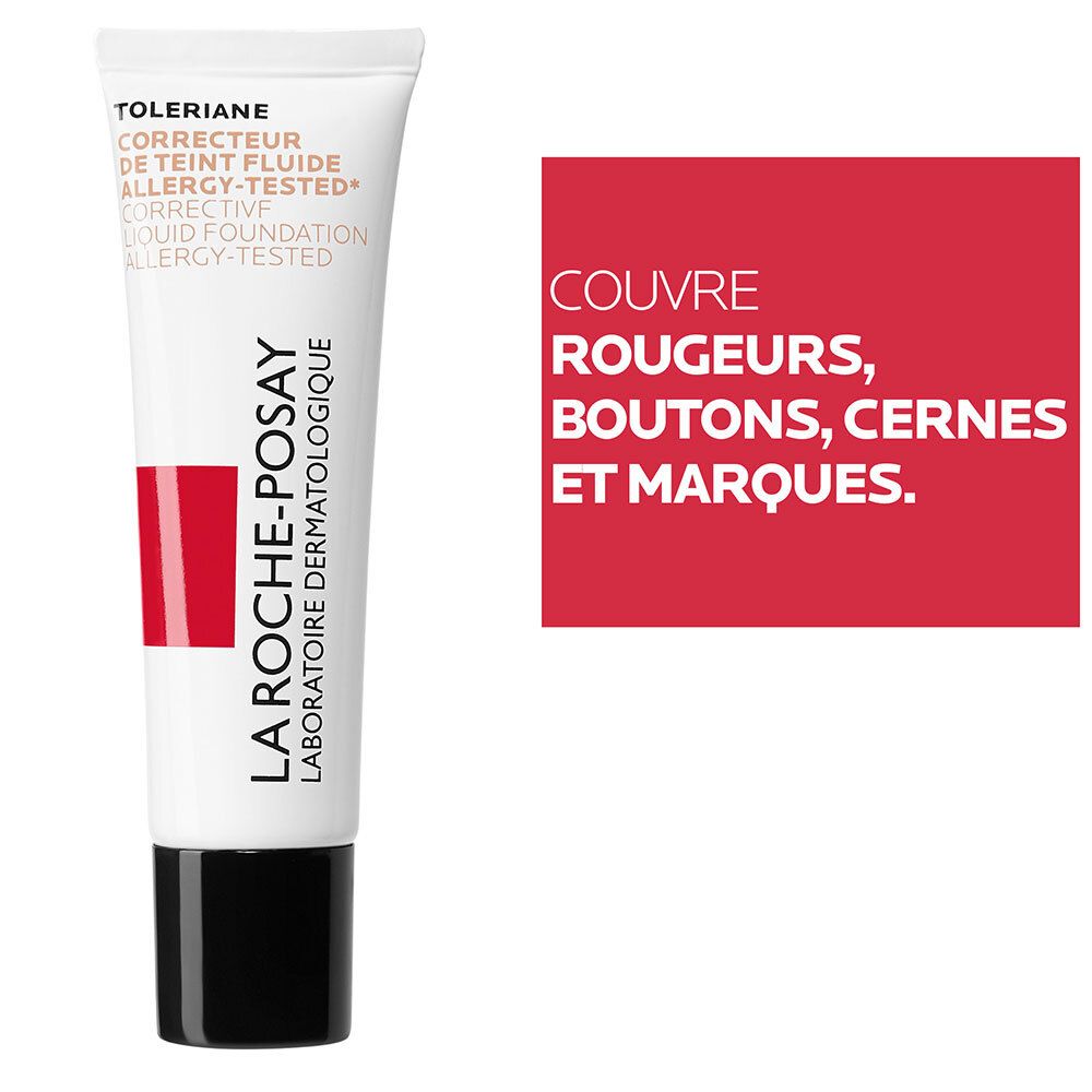 Toleriane Correcteur de teint fluide, tube. Texte rouge: Couvre rougeurs, boutons, cernes et marques.