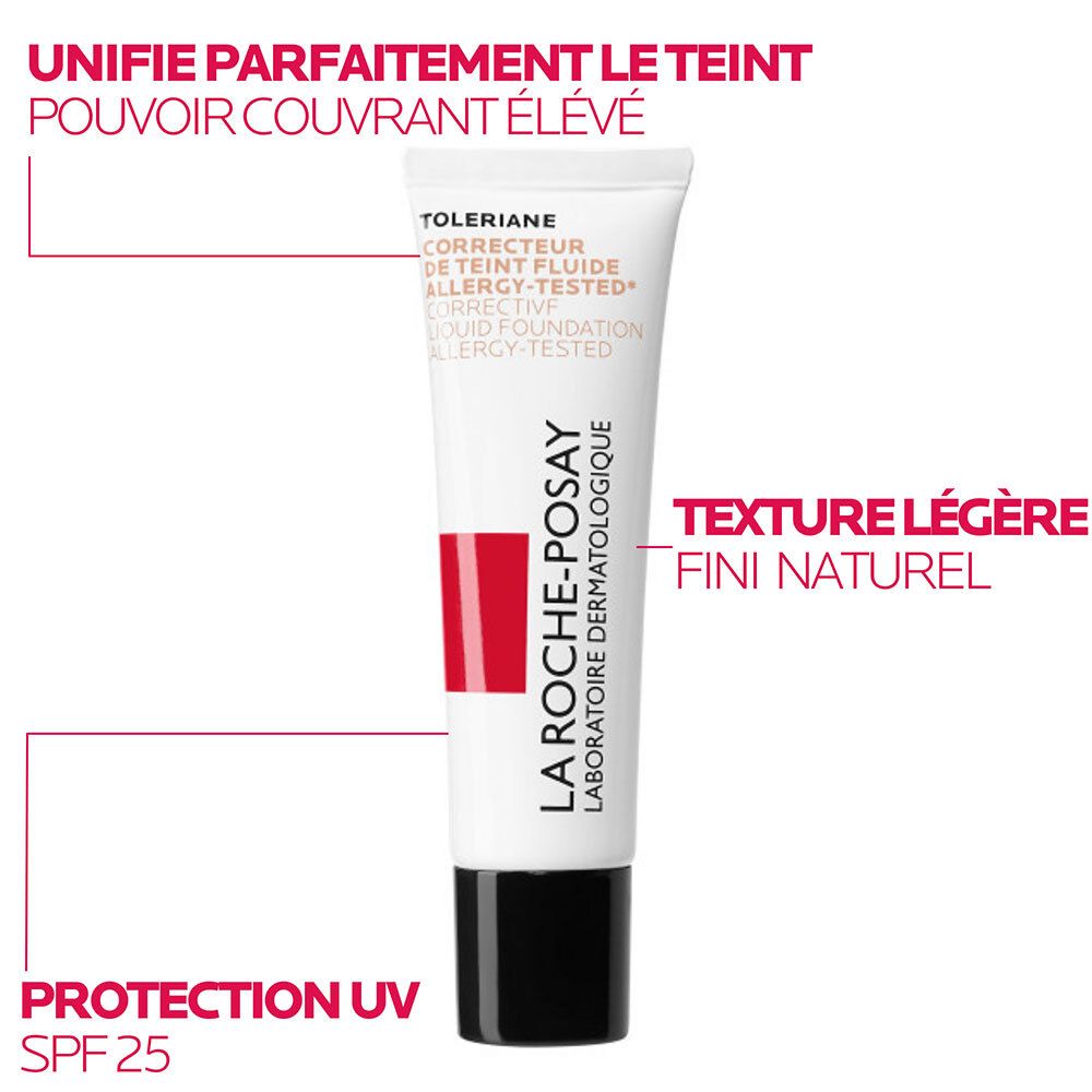 Toleriane Correcteur de teint fluide, tube. Texte: Unifie le teint, pouvoir couvrant élevé, SPF 25.