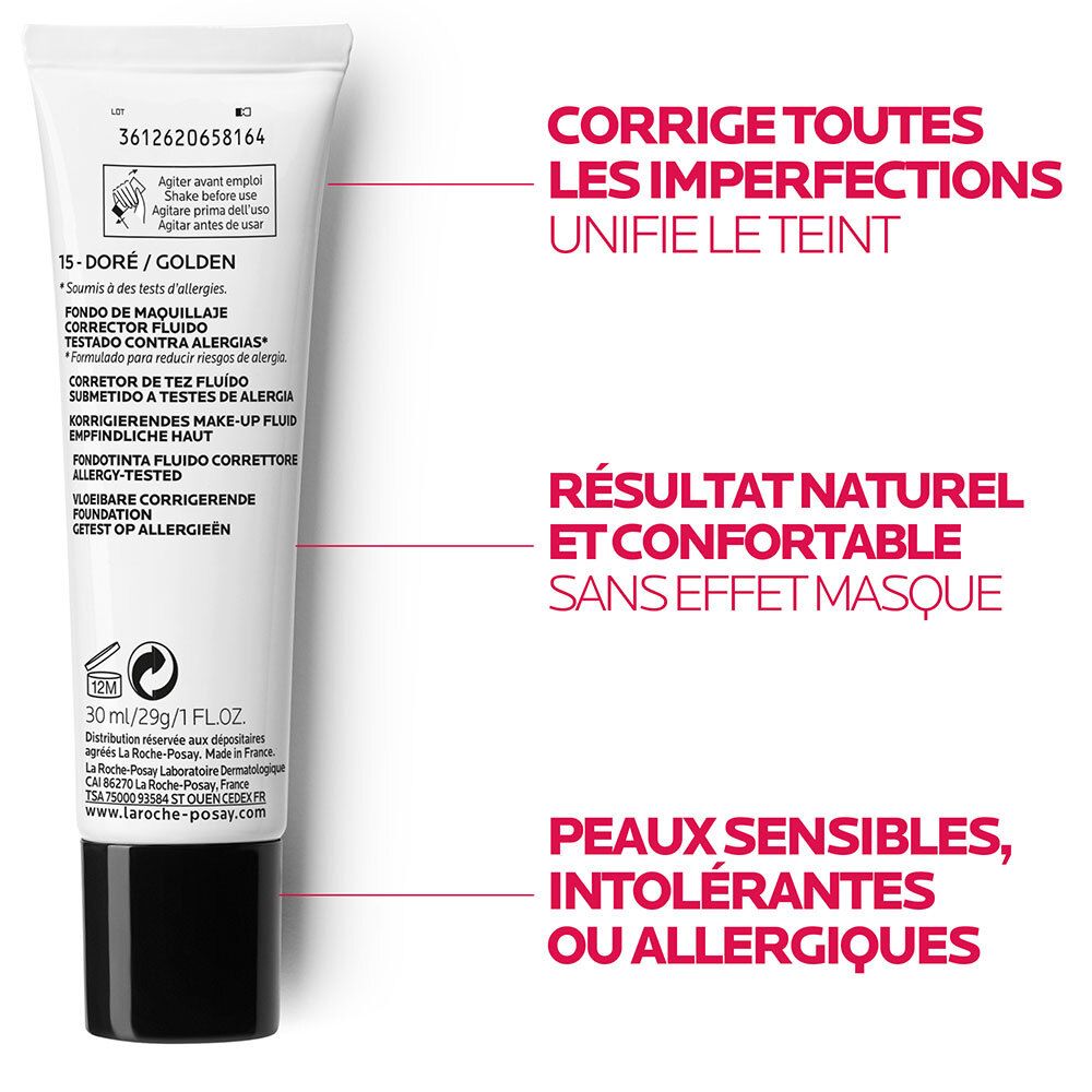 Dos du tube Toleriane Correcteur de teint fluide. Texte: Corrige les imperfections, unifie le teint.