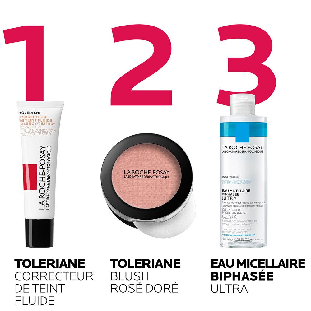 Trois produits La Roche-Posay: Toleriane Correcteur de teint fluide, Toleriane Blush Rosé Doré, Eau Micellaire Biphasée Ultra.