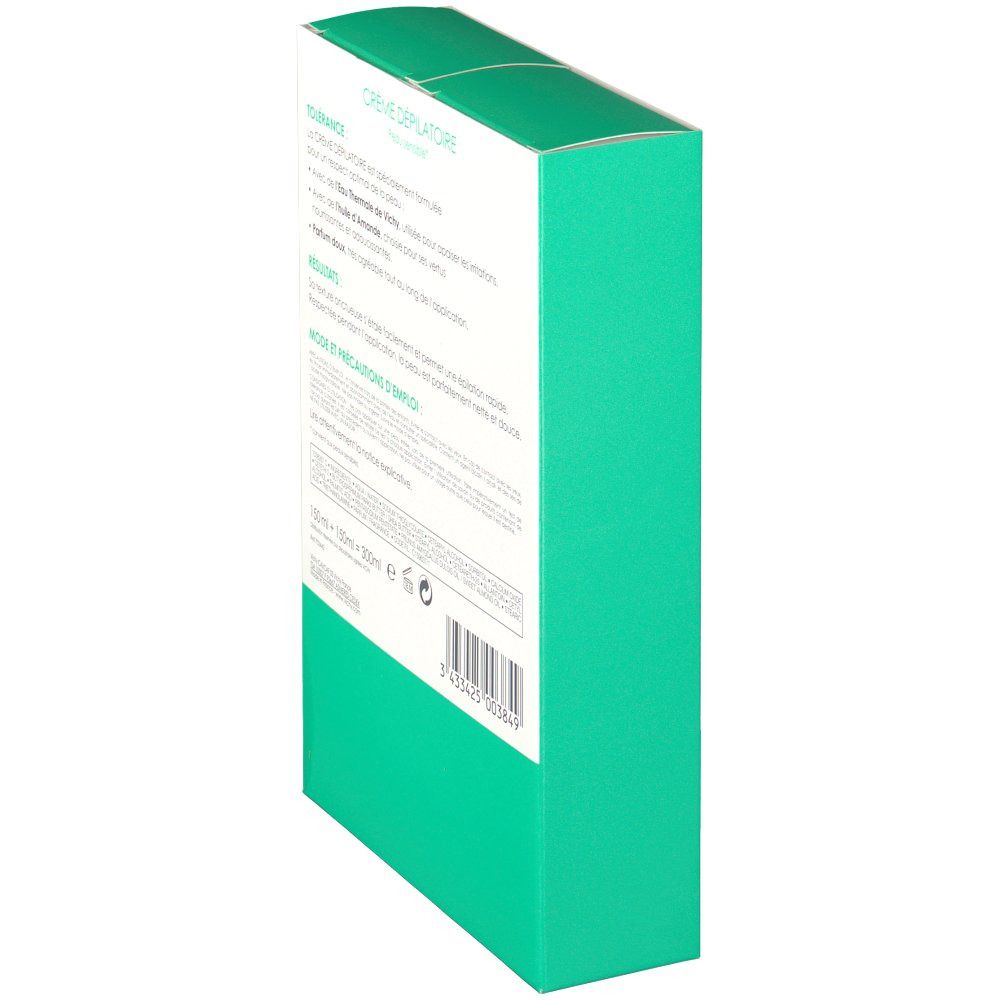 Vue latérale de la boîte Vichy Crème Dépilatoire. Boîte verte avec informations produit et code-barres. Texte en français.