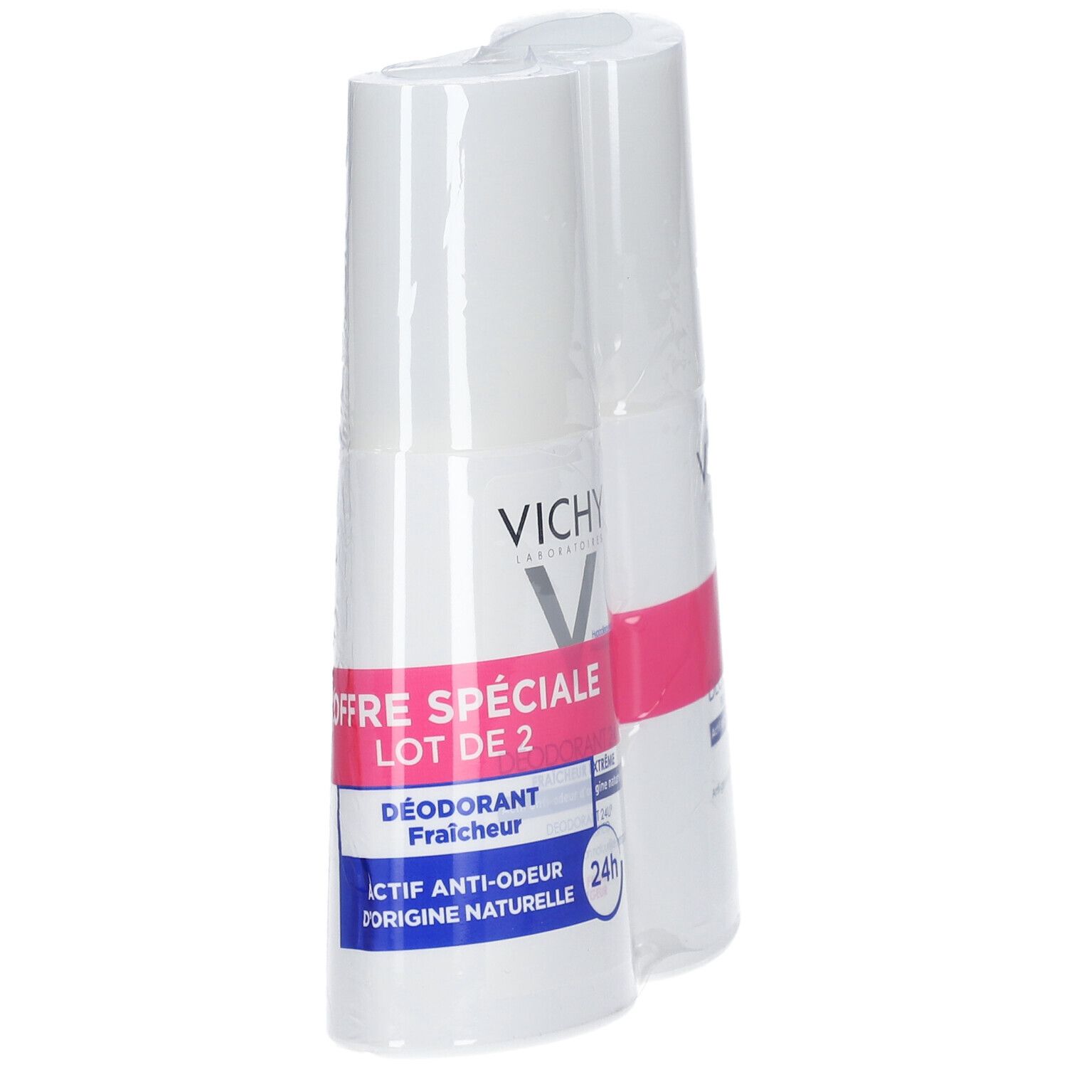Deux déodorants roll-on emballés. Blanc avec accents roses. Inscription: Vichy, Offre Spéciale, Déodorant Fraicheur.