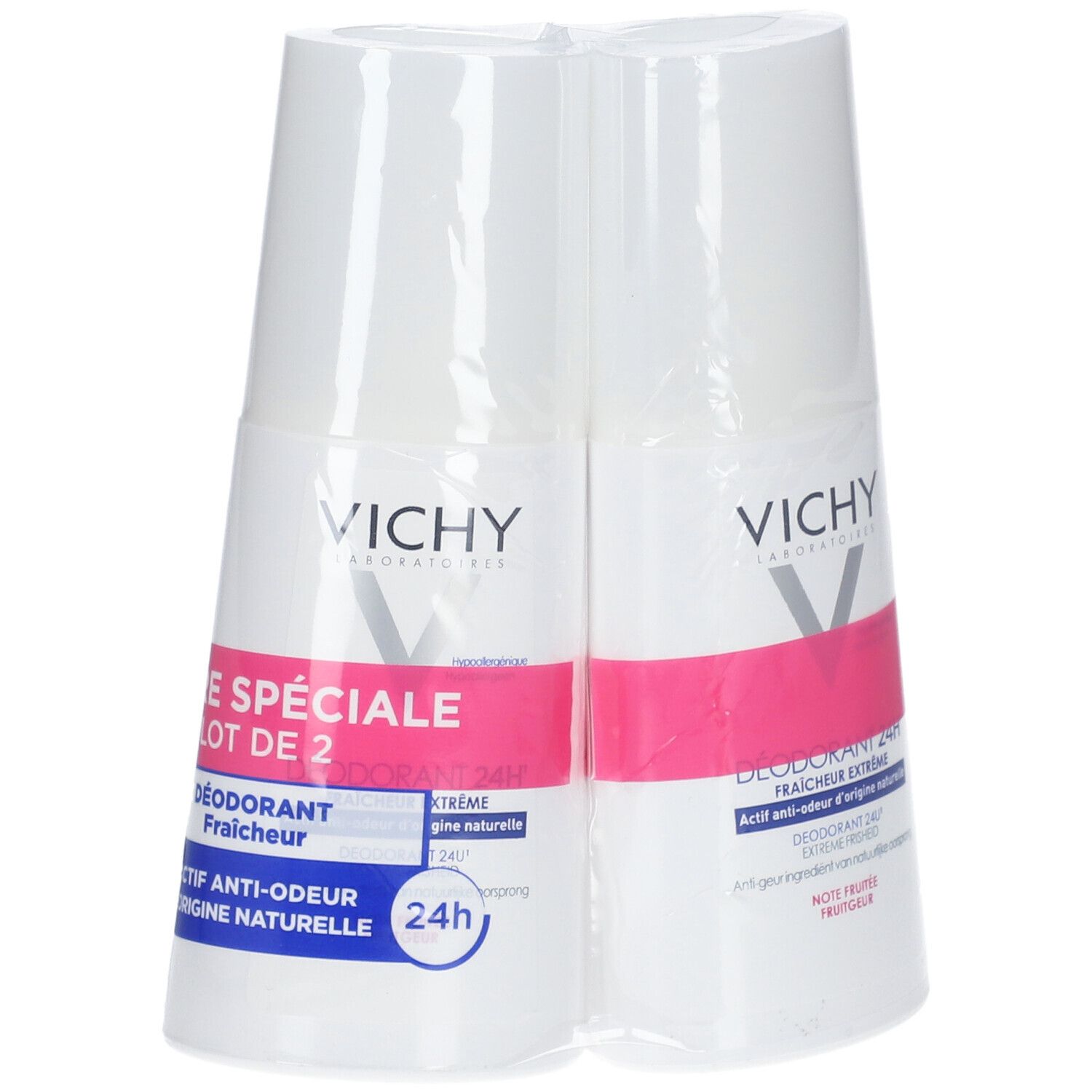 Deux déodorants roll-on emballés. Blanc avec accents roses. Inscription: Vichy, Offre Spéciale, Déodorant 24h Fraicheur Extreme.