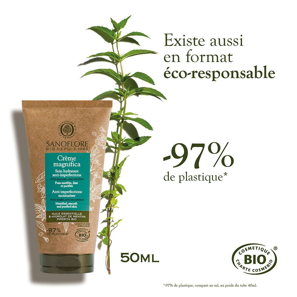 Tube brun et plante. Inscription : Crème magnifica. Texte : -97% plastique. 50ml. Certifié Bio.