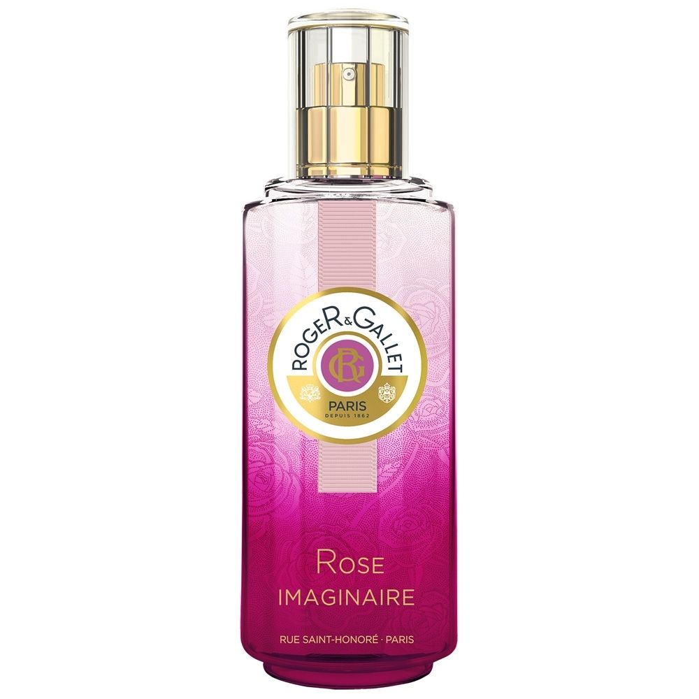 Flacon vaporisateur. Dégradé de rose. Bouchon doré. Logo et nom du produit : Rose Imaginaire.