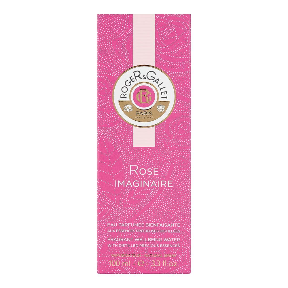 Emballage rose. Logo et nom du produit : Rose Imaginaire. Texte : Eau Parfumée Bienfaisante. 100 ml.