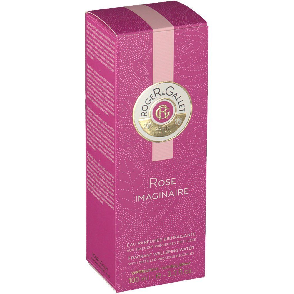 Emballage rose. Logo et nom du produit : Rose Imaginaire. Texte : Eau Parfumée Bienfaisante. 100 ml.