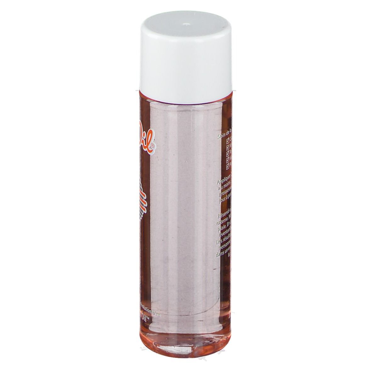 Flacon de Bi-Oil. Forme cylindrique, liquide transparent, bouchon blanc. Étiquette du produit partiellement visible.