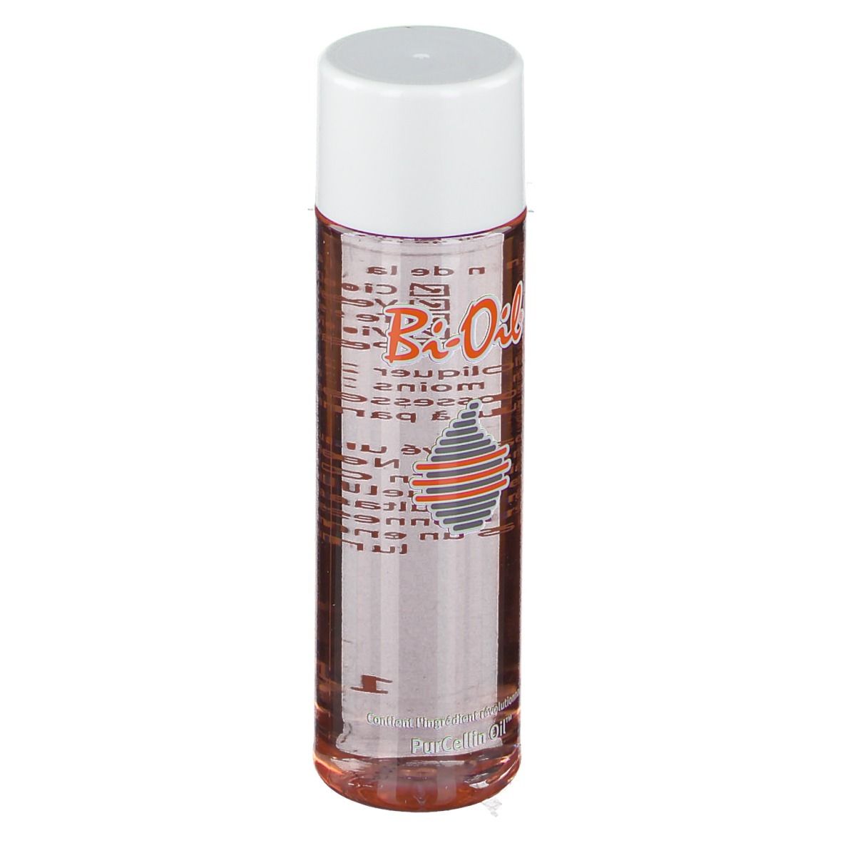 Flacon de Bi-Oil. Forme cylindrique, liquide transparent, bouchon blanc. Étiquette du produit visible.