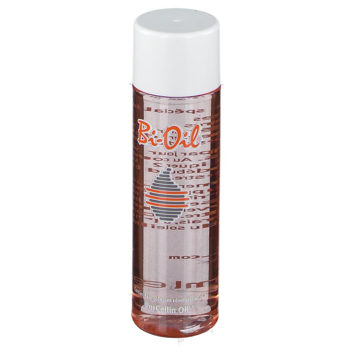 Flacon de Bi-Oil. Forme cylindrique, liquide transparent, bouchon blanc. Étiquette du produit visible.