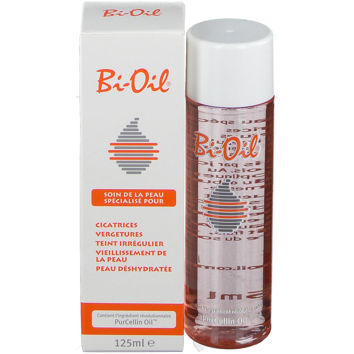 Flacon et emballage Bi-Oil. Flacon avec bouchon blanc, emballage avec texte et logo.