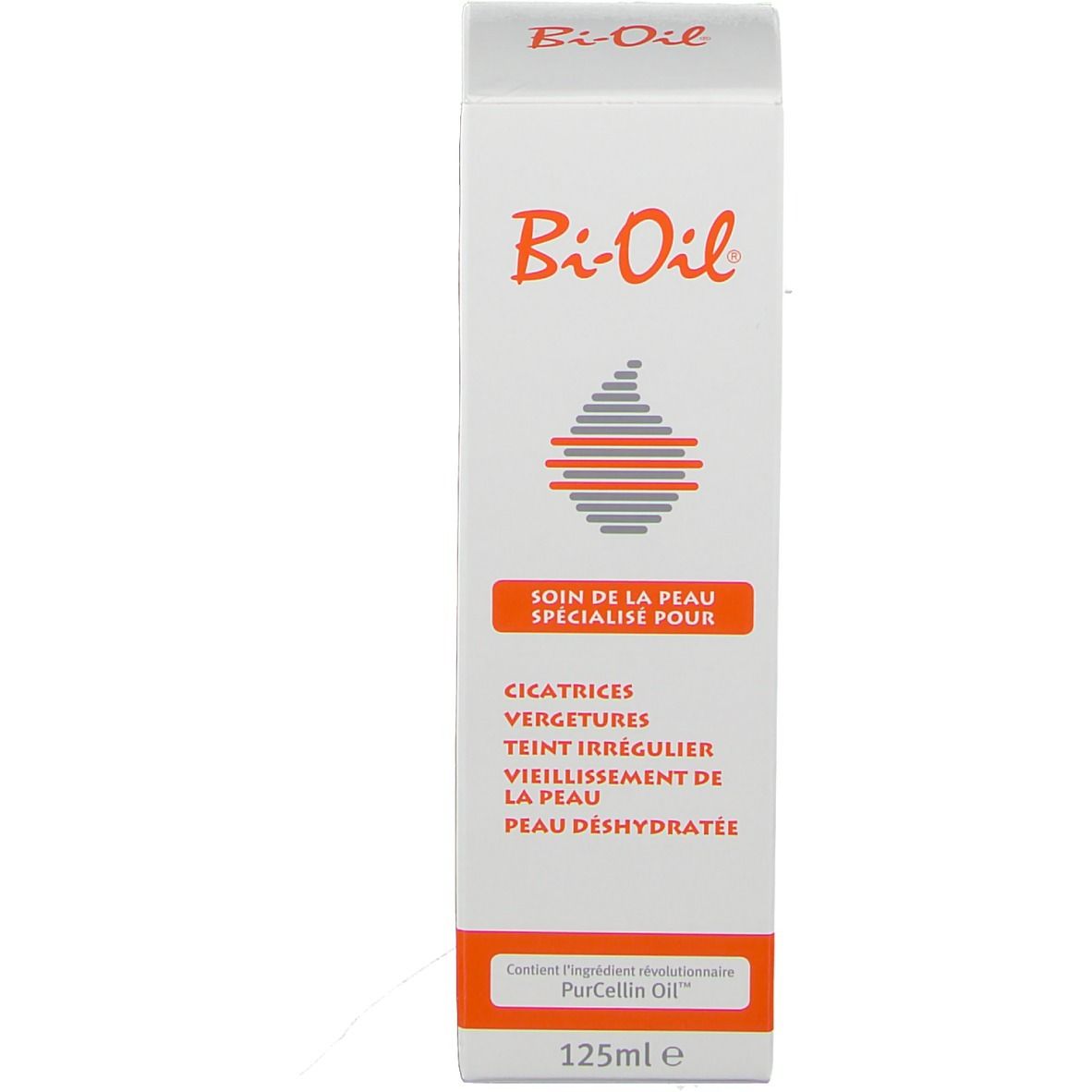 Emballage Bi-Oil. Boîte rectangulaire avec texte, logo et informations sur le produit.