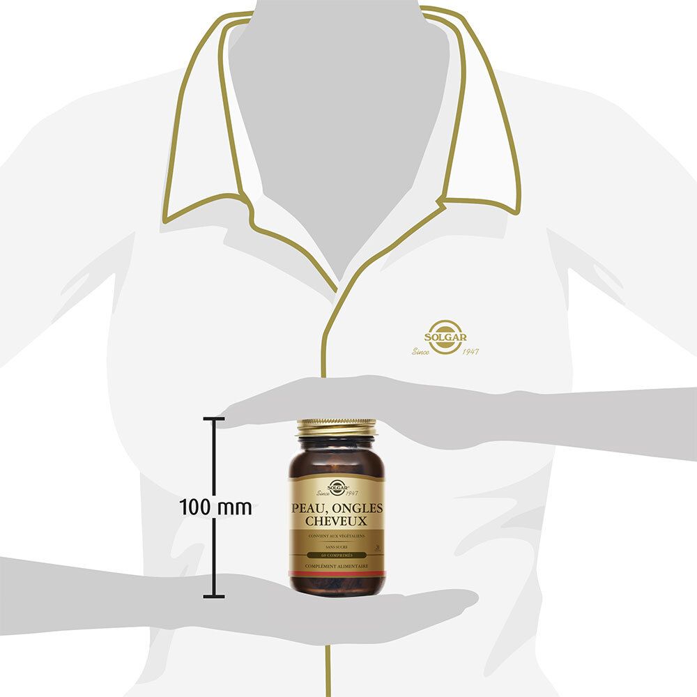 Personne tenant un flacon. Inscription Solgar, Peau, Ongles, Cheveux. 60 comprimés. Vegan.