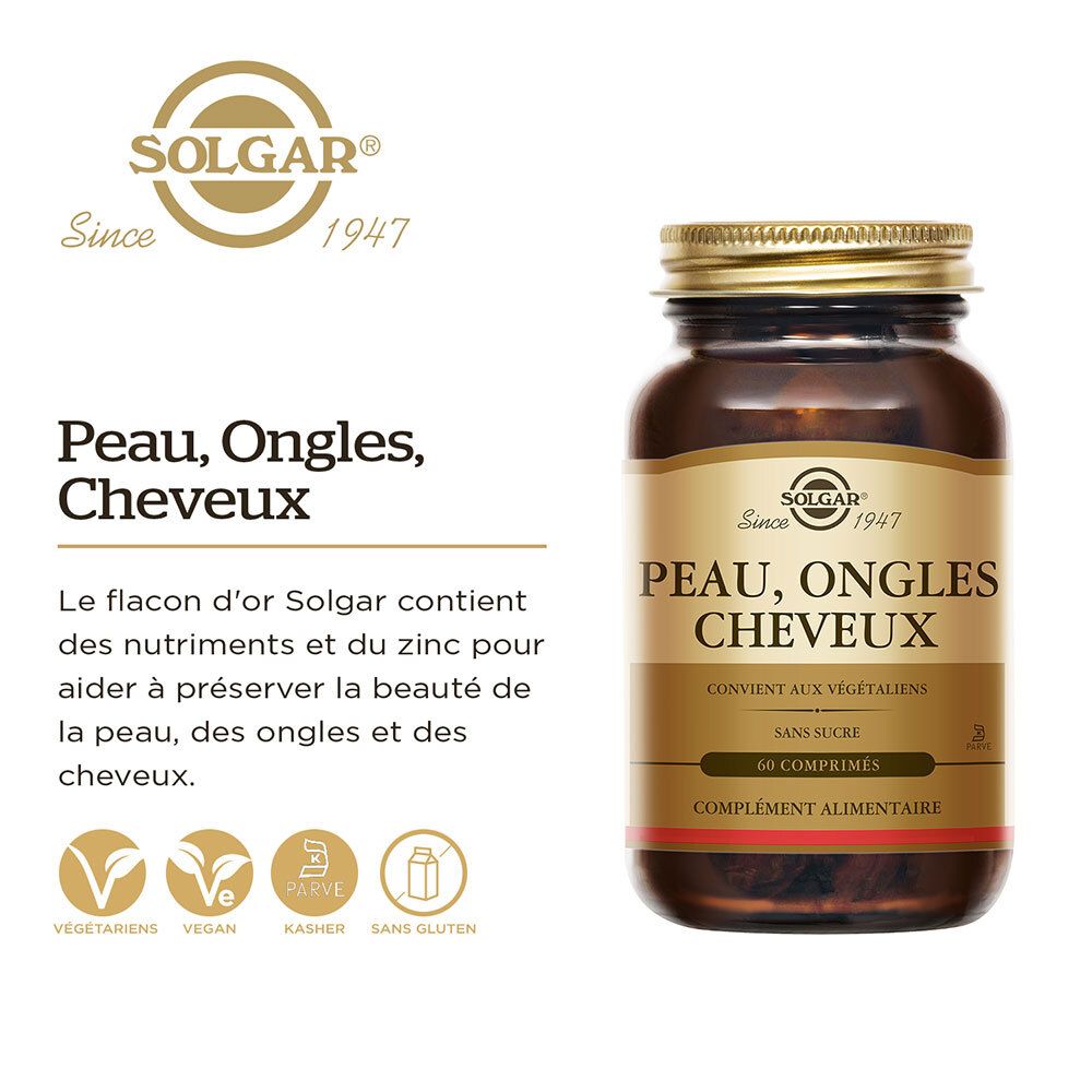 Flacon avec description du produit. Marque Solgar. Peau, Ongles, Cheveux. 60 comprimés. Vegan.