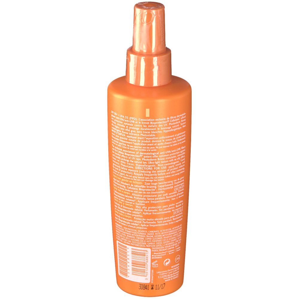 Spray Bioderma Photoderm Bronz SPF 50+. Dos du flacon. Informations textuelles et code-barres. Flacon orange.