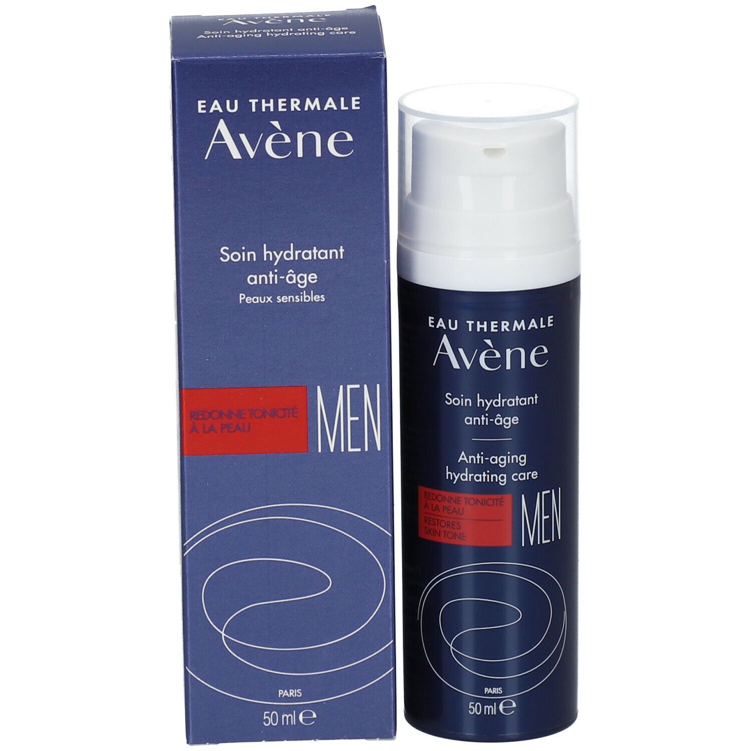 Produit et emballage. Emballage bleu avec "Eau Thermale Avène". Soin anti-âge pour hommes. 50ml.