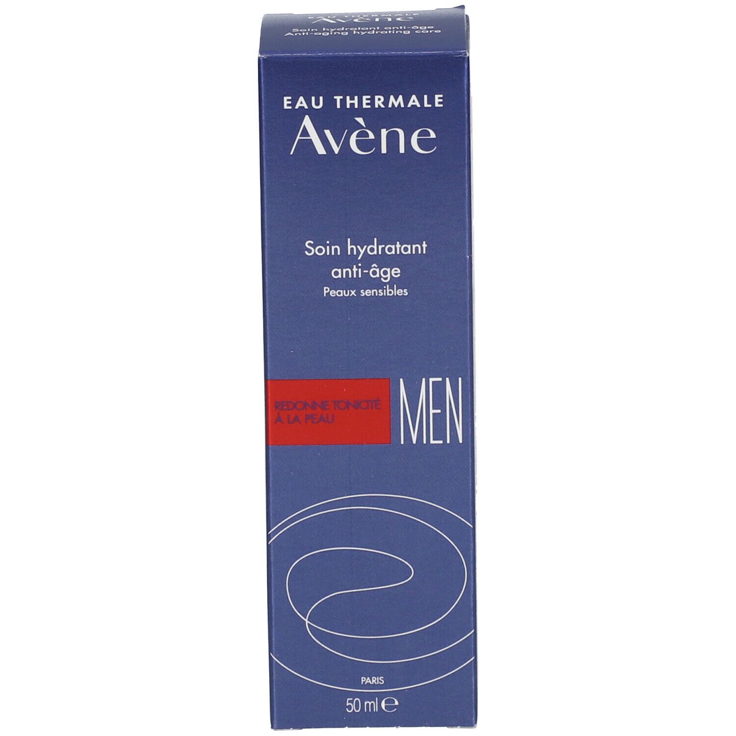 Emballage bleu avec "Eau Thermale Avène". Soin anti-âge pour hommes. 50ml.
