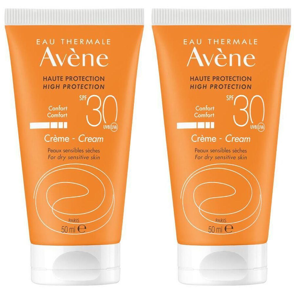 Deux tubes de crème solaire Avene SPF 30. Crème pour peaux sèches et sensibles. 50 ml.