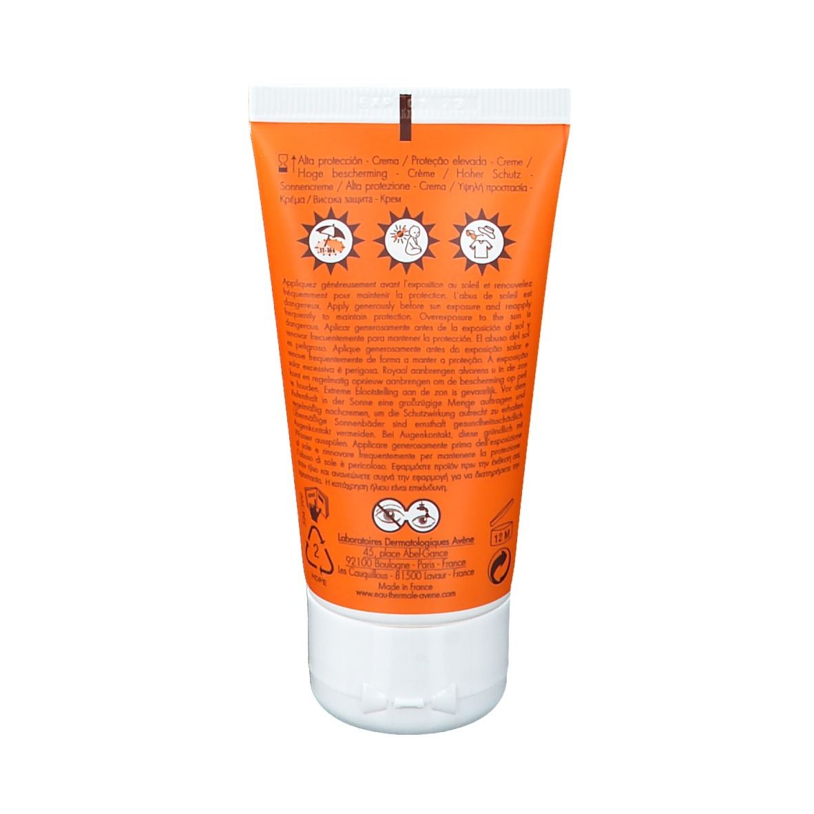 Dos du tube de crème solaire. Informations et pictogrammes. Marque Avene. 50 ml.