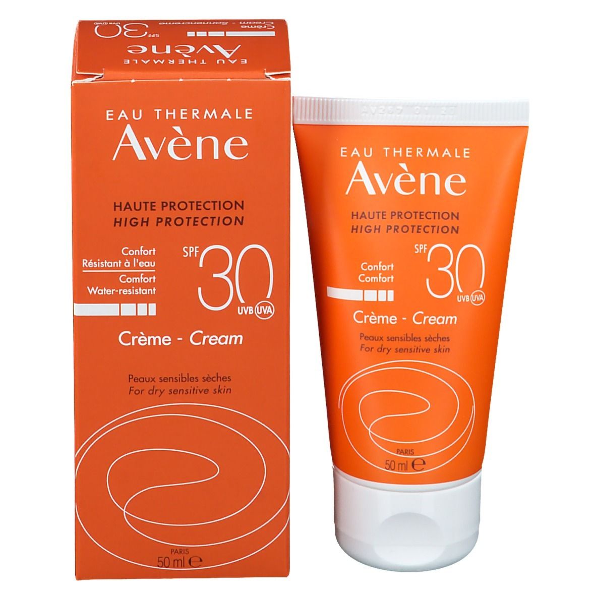 Tube et boîte de crème solaire Avene SPF 30. Crème pour peaux sèches et sensibles. 50 ml.