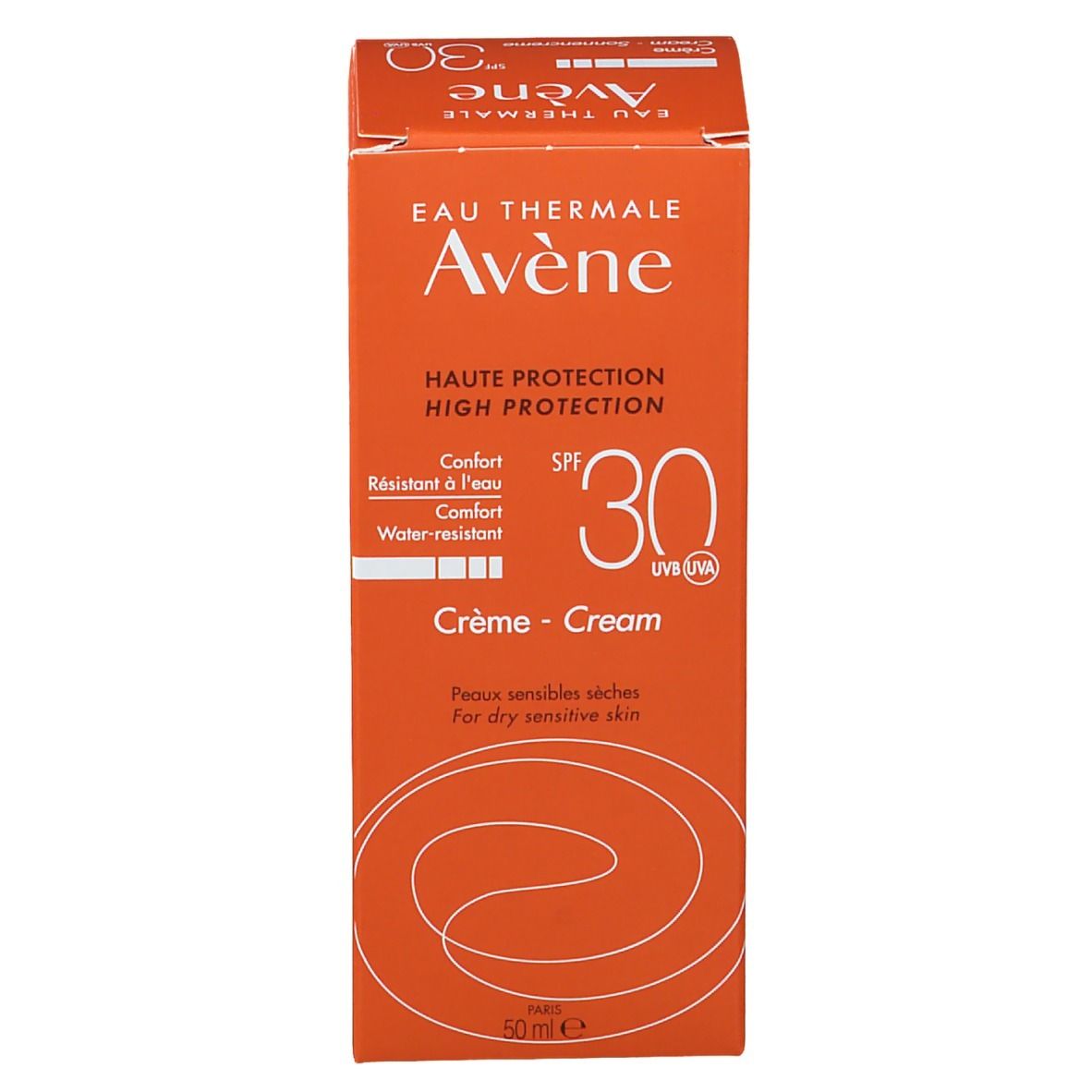 Boîte orange Avene SPF 30. Crème pour peaux sèches et sensibles. 50 ml. Protection solaire.