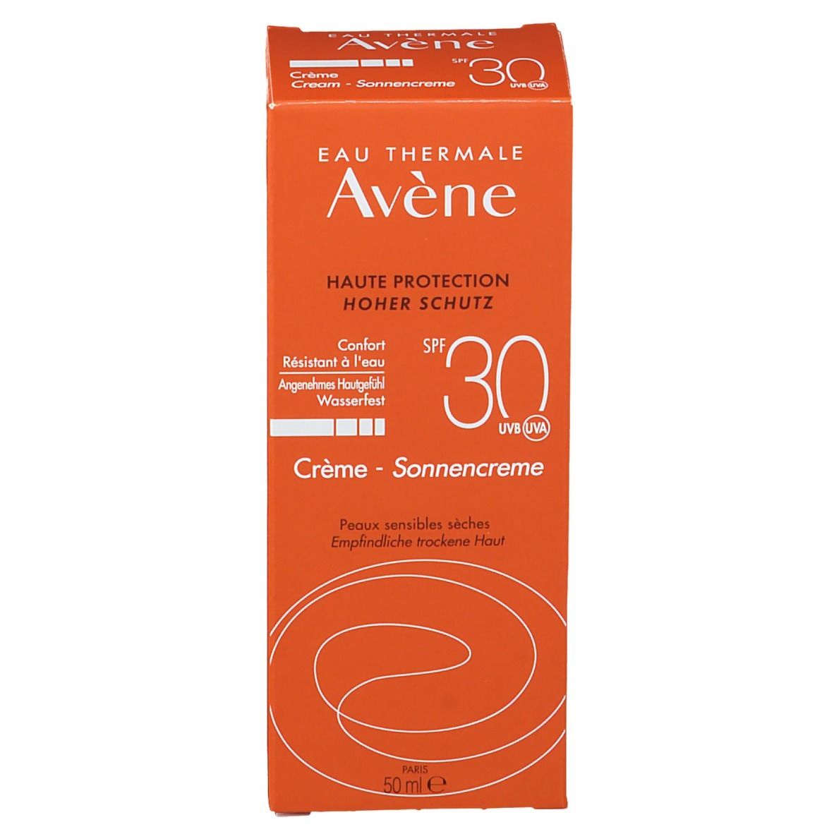 Côté de la boîte de crème solaire. Informations et pictogrammes. Marque Avene. 50 ml.