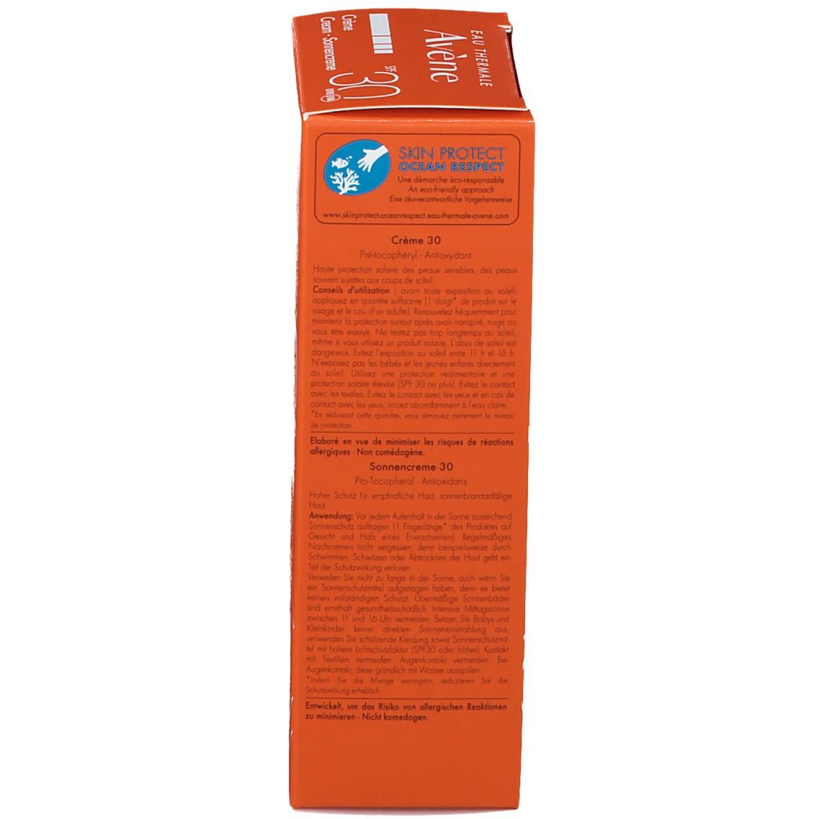 Côté de la boîte de crème solaire. Informations et pictogrammes. Marque Avene. 50 ml.