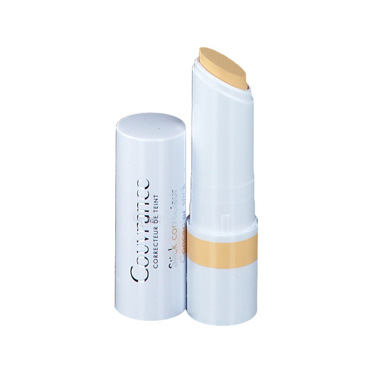 Stick correcteur jaune, bâton blanc avec produit jaune. Capuchon à côté.