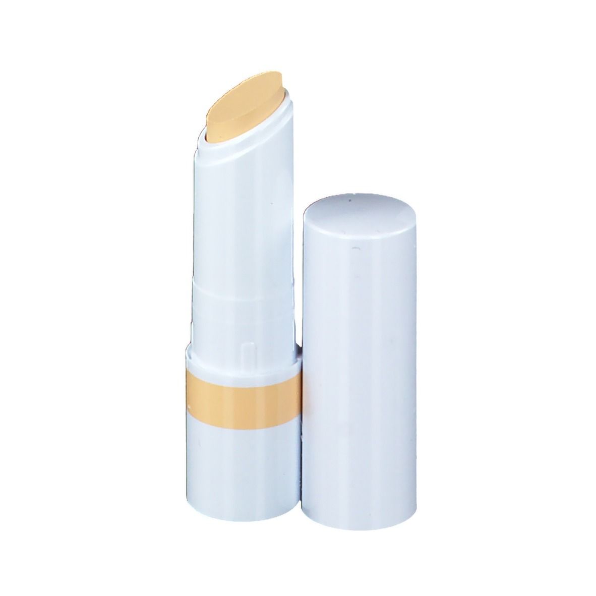 Stick correcteur jaune, bâton blanc avec produit jaune. Capuchon à côté.