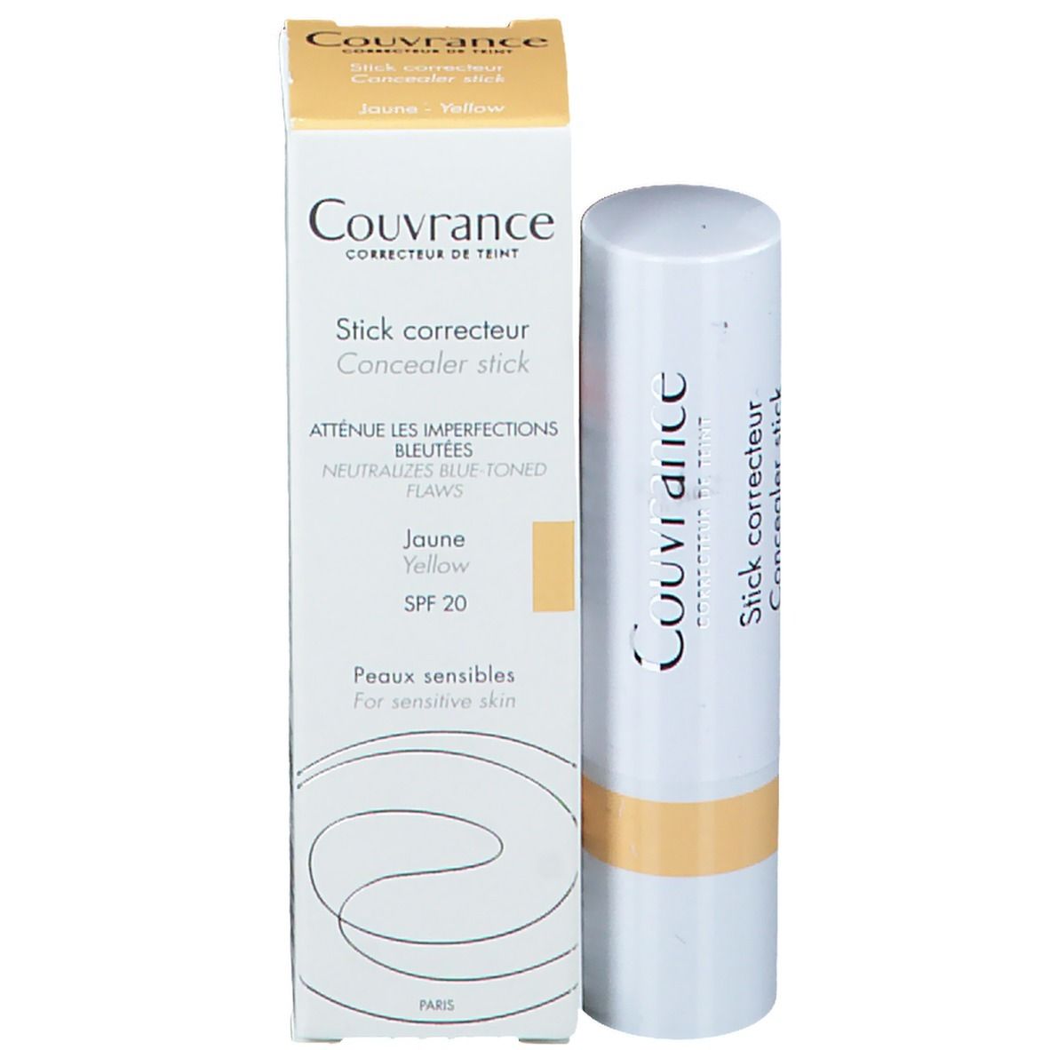 Stick correcteur jaune, bâton blanc avec produit jaune. Capuchon à côté.