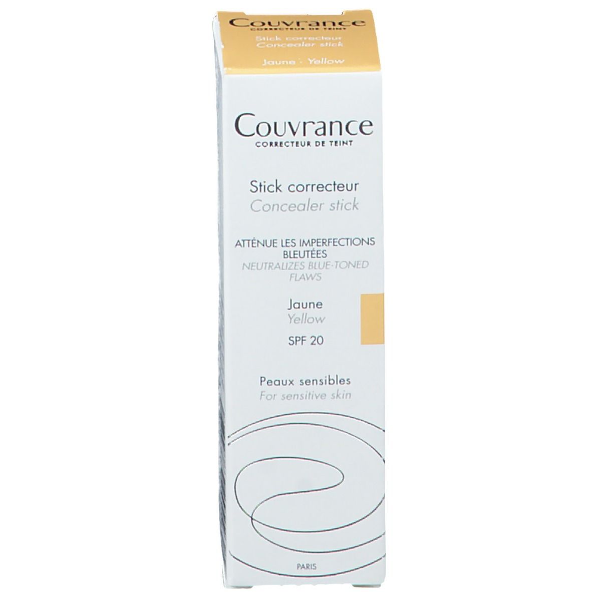 Emballage carton avec stick correcteur jaune. Texte: Couvrance, Stick correcteur, SPF 20.