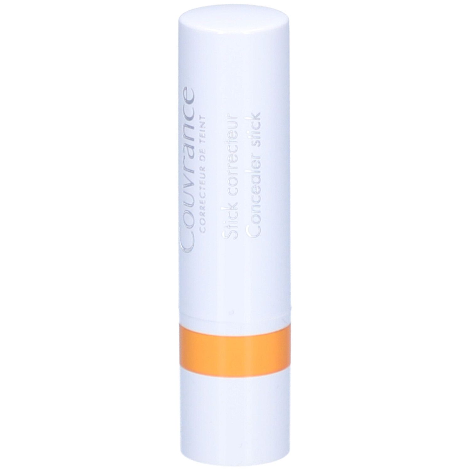 Stick correcteur blanc avec bande orange. Texte: Couvrance, Stick correcteur.