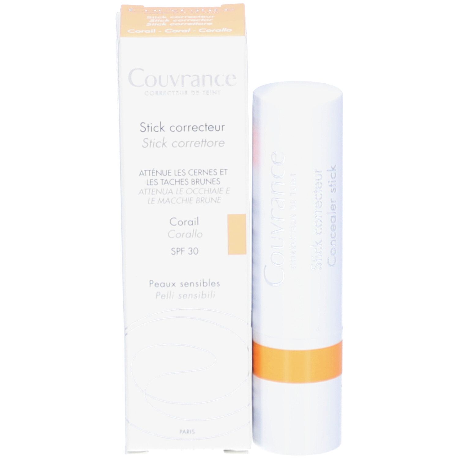 Stick correcteur blanc avec bande orange. Texte: Couvrance, Stick correcteur.