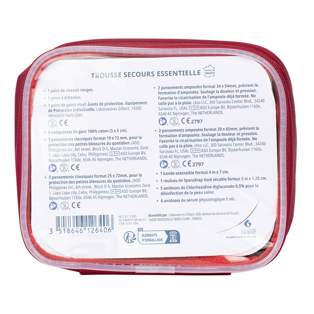 Trousse de secours rouge avec contenu. Détails du contenu imprimés. Marquage CE. Nom du produit: Trousse Secours Essentielle.