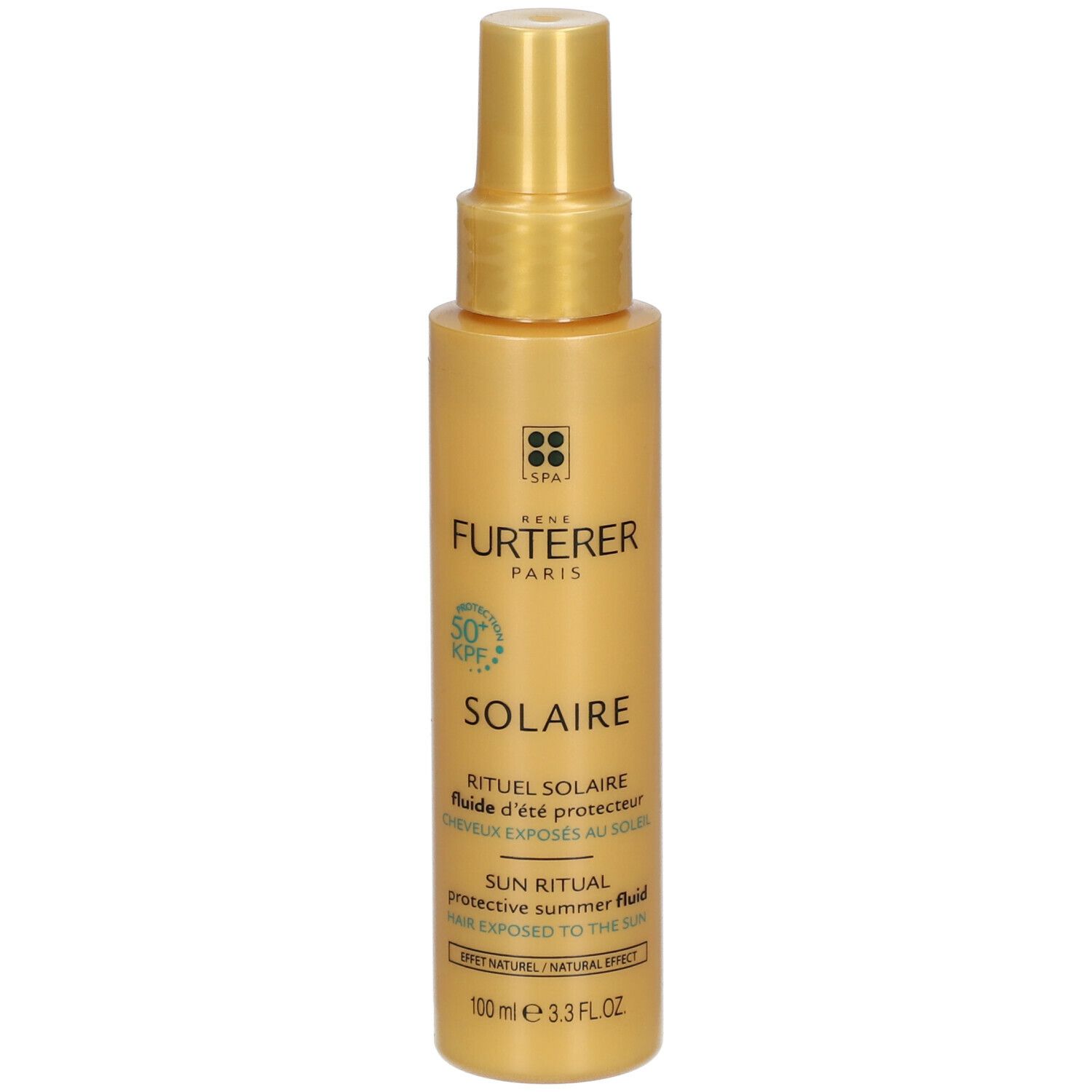 Flacon spray jaunâtre avec inscription SOLAIRE et FURTERER PARIS. Contient 50+ SPF. 100 ml.