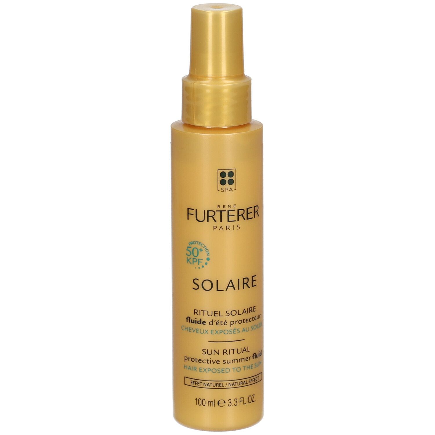 Flacon spray jaunâtre avec inscription SOLAIRE et FURTERER PARIS. Contient 50+ SPF. 100 ml.