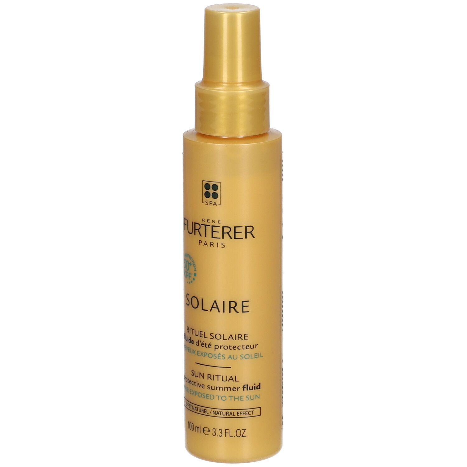 Flacon spray jaunâtre avec inscription SOLAIRE et FURTERER PARIS. Contient 50+ SPF. 100 ml.