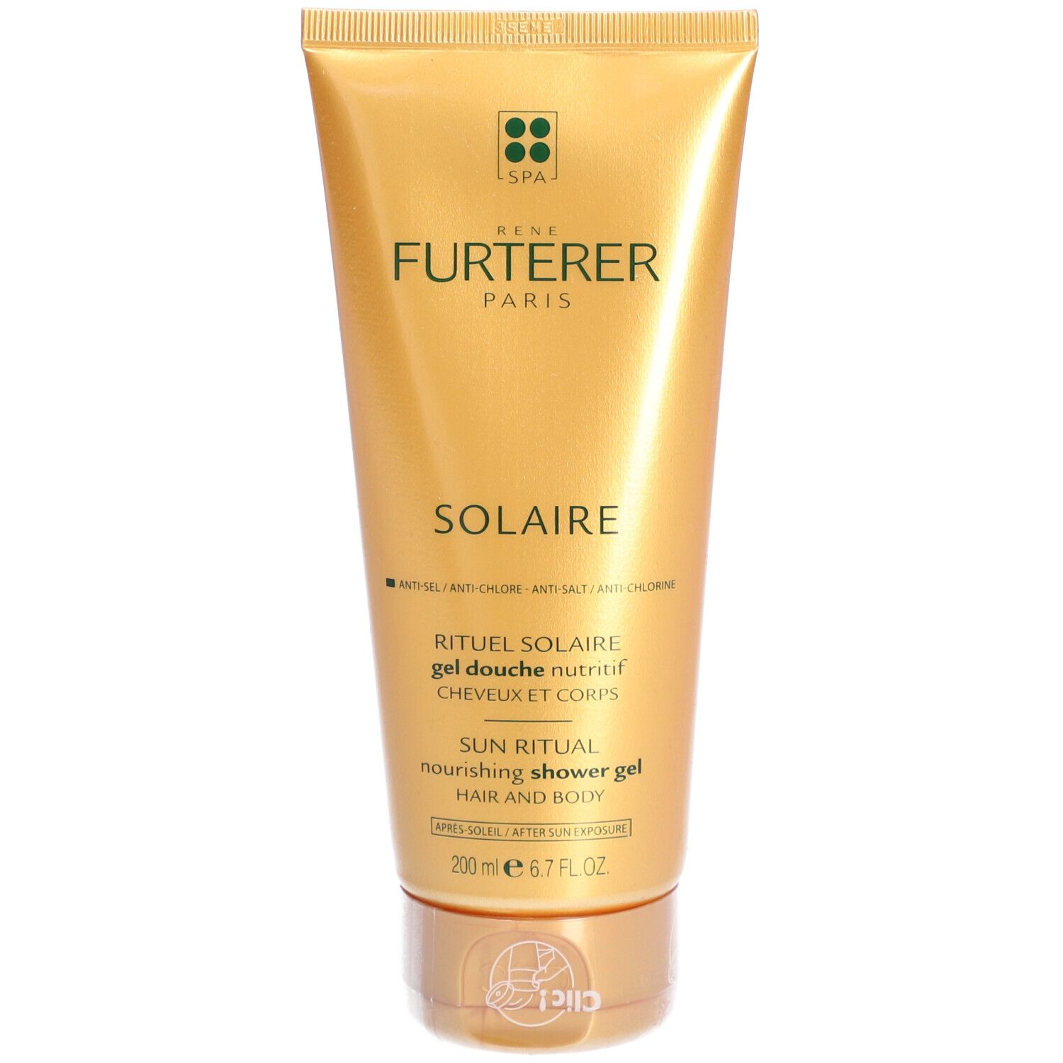 Tube de gel doré. Inscription: Rene Furterer Paris, Solaire. Texte: Gel douche nutritif, cheveux et corps.
