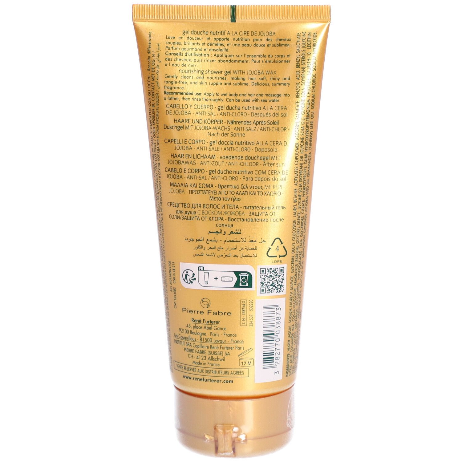 Dos du tube. Texte multilingue. Informations fabricant et symbole de recyclage.