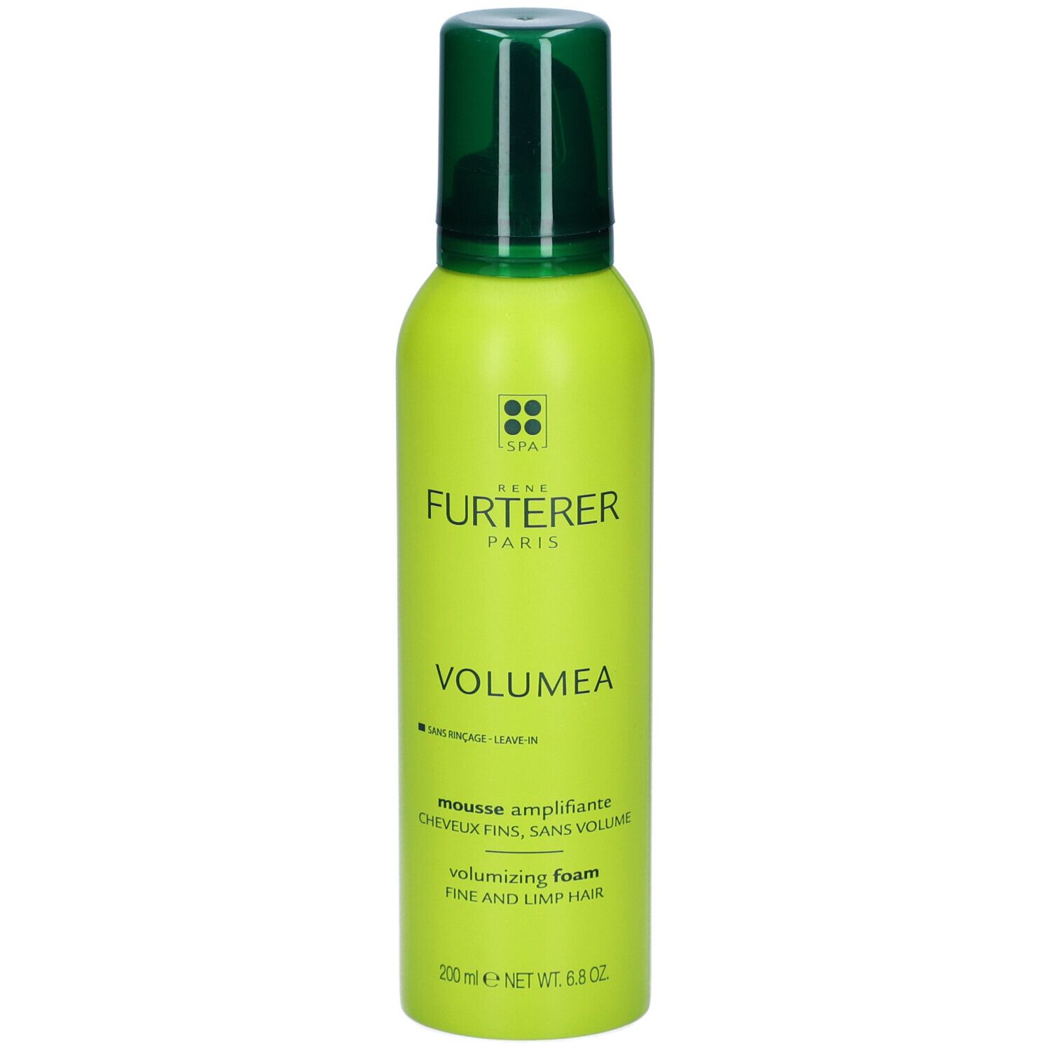 Flacon vert avec produit. Inscription: Rene Furterer Paris, Volumea. Mousse amplifiante. Mousse volumisante. 200 ml.