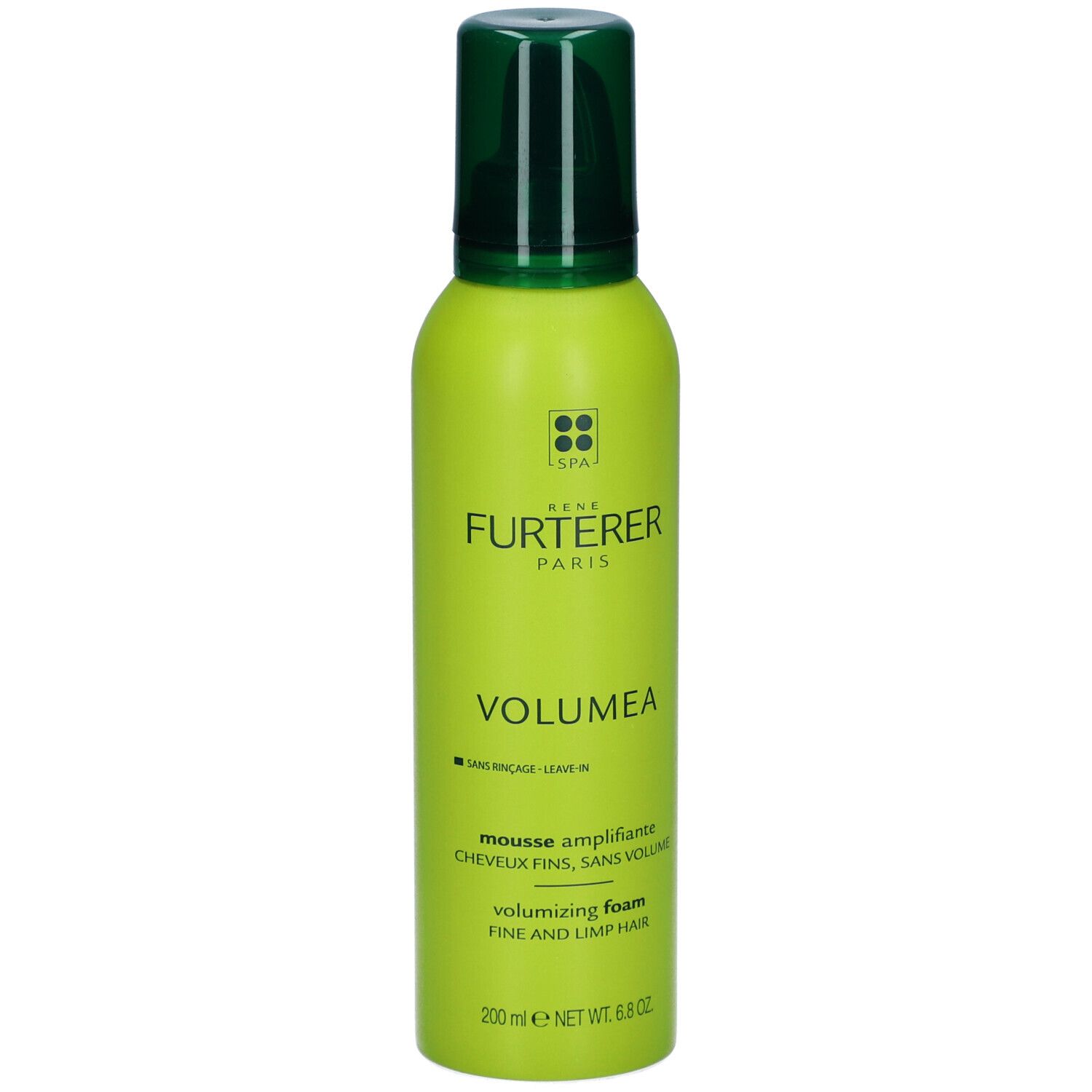 Flacon vert avec produit. Inscription: Rene Furterer Paris, Volumea. Mousse amplifiante. Mousse volumisante. 200 ml.