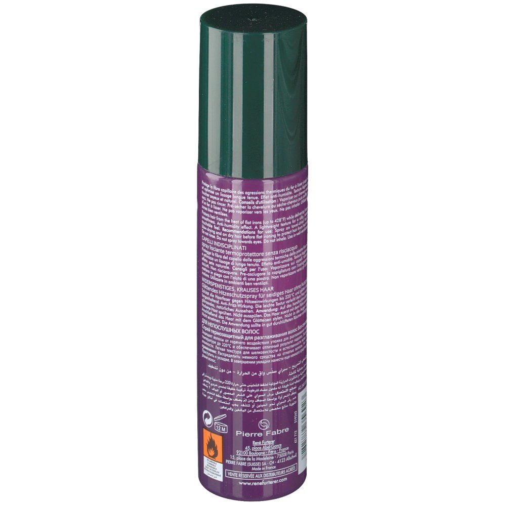 Flacon cylindrique, bouchon vert. Étiquette violette avec texte et symboles. Inscription: FURTERER. Spray thermo-protecteur.
