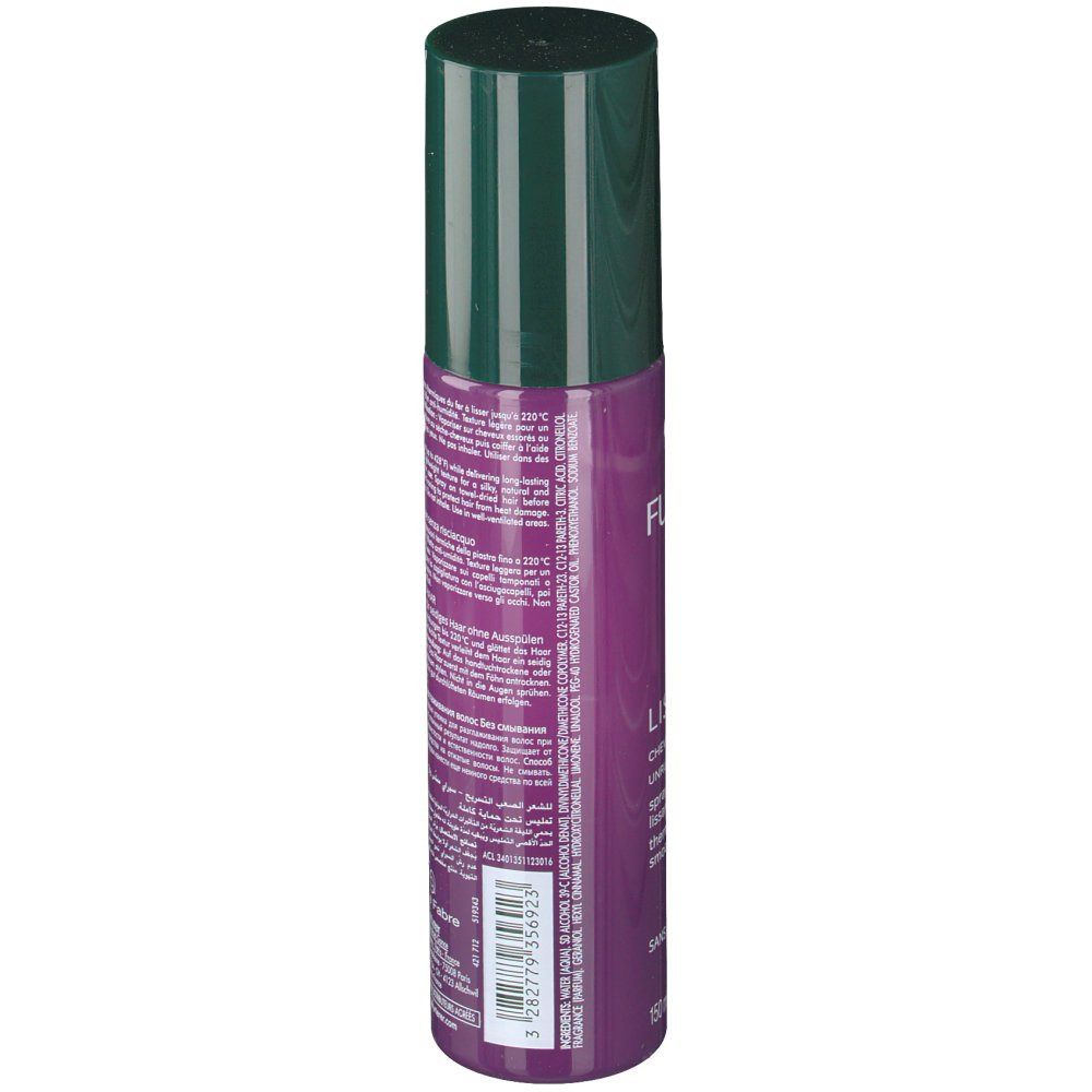 Flacon cylindrique, bouchon vert. Étiquette violette avec texte et code-barres. Inscription: FURTERER. Spray thermo-protecteur.