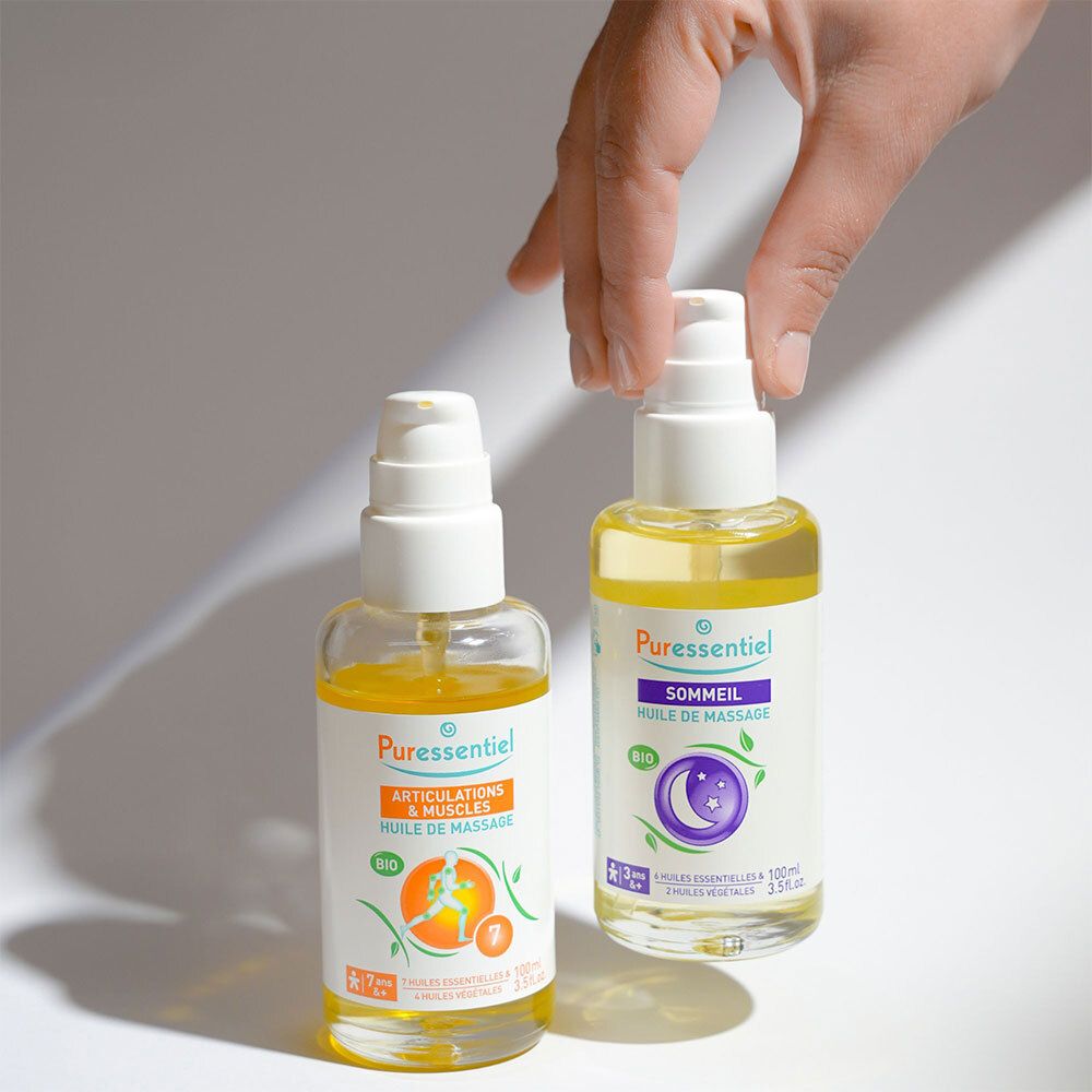 Deux flacons d'huile de massage Puressentiel. Un pour articulations et muscles, un pour le sommeil. Label Bio.