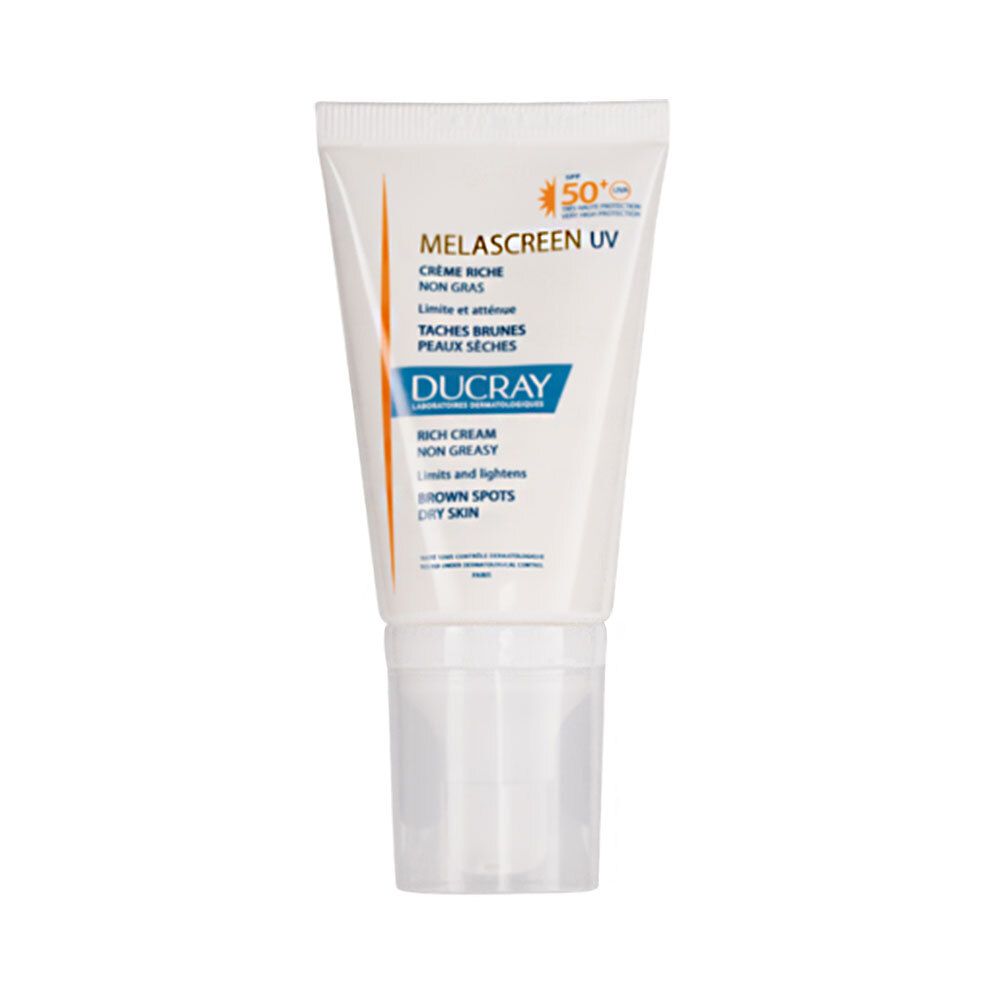 Tube blanc Ducray Melascreen UV. Crème Riche, Non Gras, Taches Brunes, Peaux Seches. LSF 50+. Bouchon transparent.