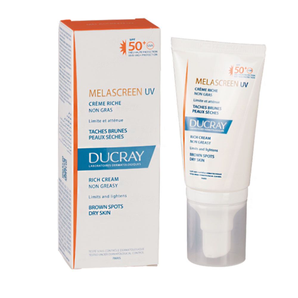 Ducray Melascreen UV crème et emballage. Crème Riche, Non Gras, Taches Brunes, Peaux Seches. LSF 50+. Boîte blanche.