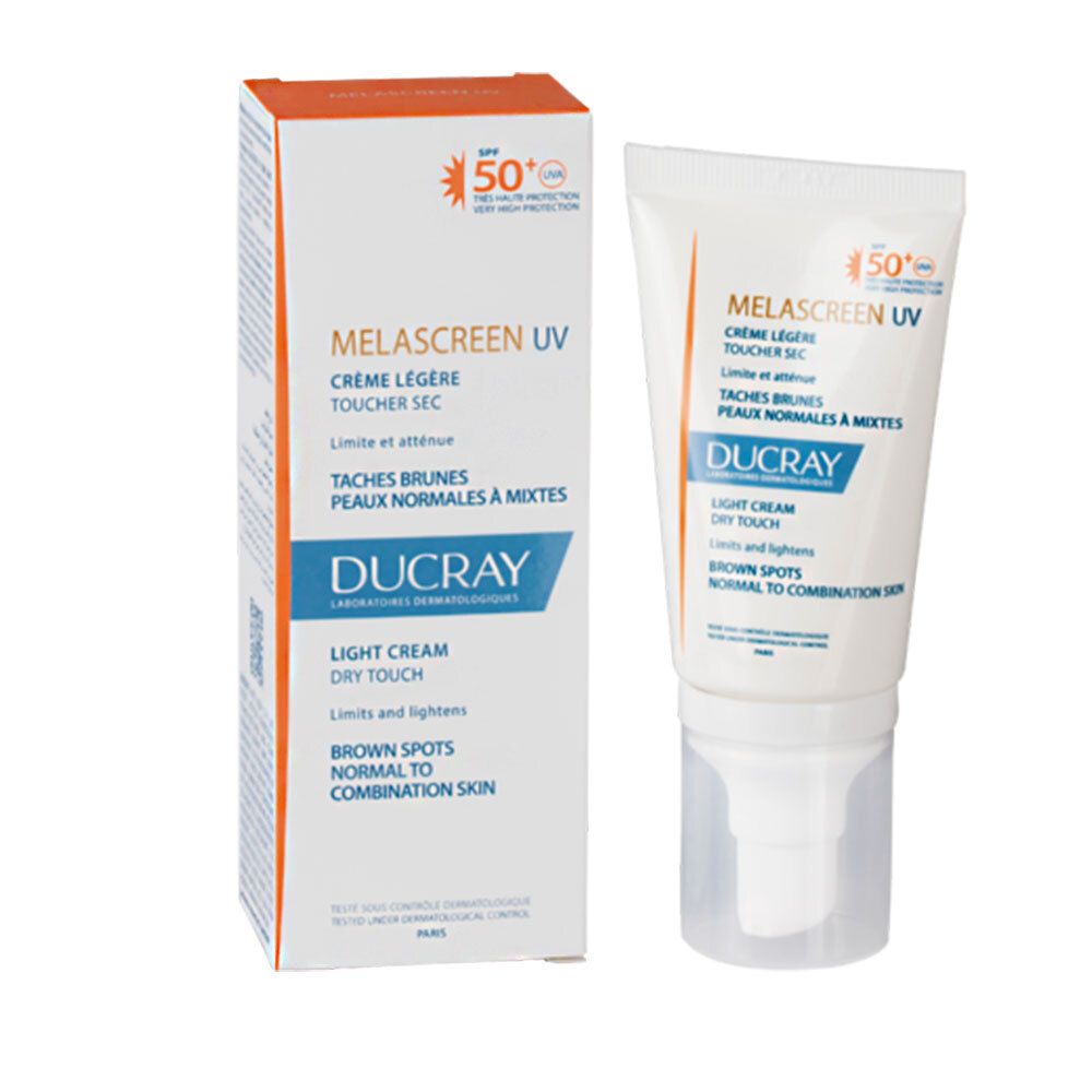 Crème et emballage. Inscription: Melascreen UV, Crème Légère, SPF 50+. Marque: Ducray. Pour peaux normales à mixtes.
