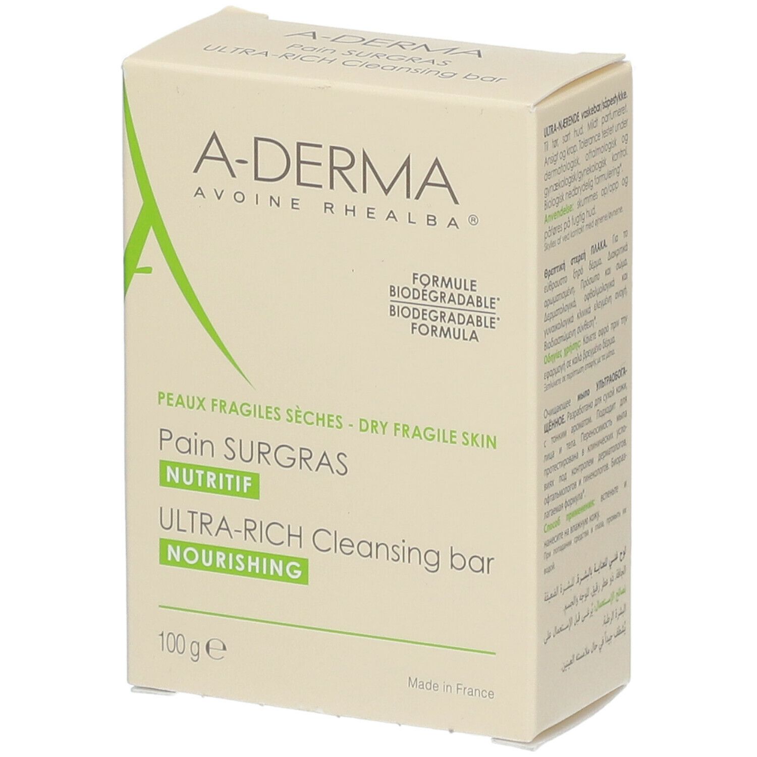 Boîte A-DERMA Surgras. Emballage jaune et vert.